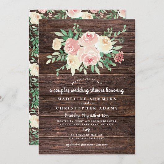 Invitation Rustique Bois Blush Florales couples wedding showe (Devant / Derrière)