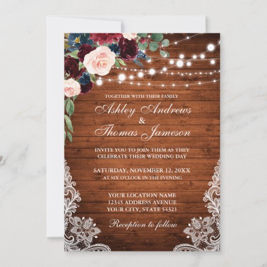 Invitation Rustique Bois Bourgogne Bleu Floral Mariage Invite (Devant)