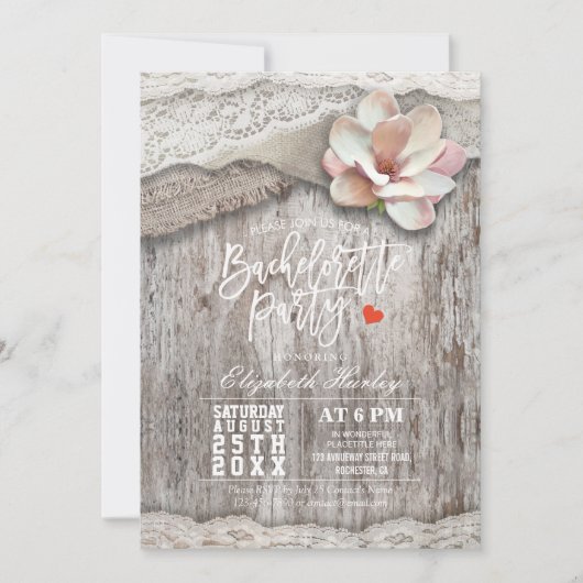 Invitation Rustique Bois Burlap Dentelle Florale Bachelorette (Devant)