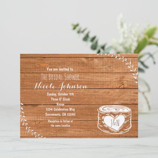 Invitation Rustique Bois & Coeur Stump (Debout devant)