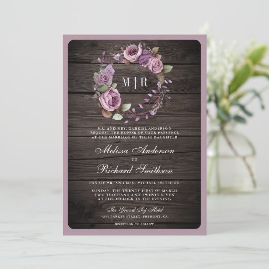 Invitation Rustique Bois Dusty Violet Floral QR Code Mariage (Debout devant)