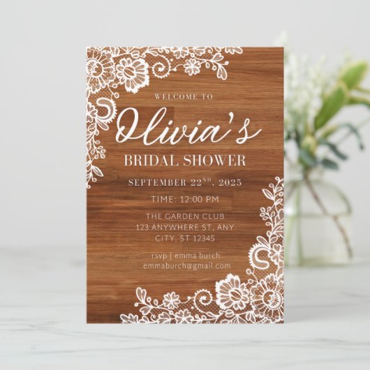 Invitation Rustique Bois et dentelle Douche nuptia (Debout devant)