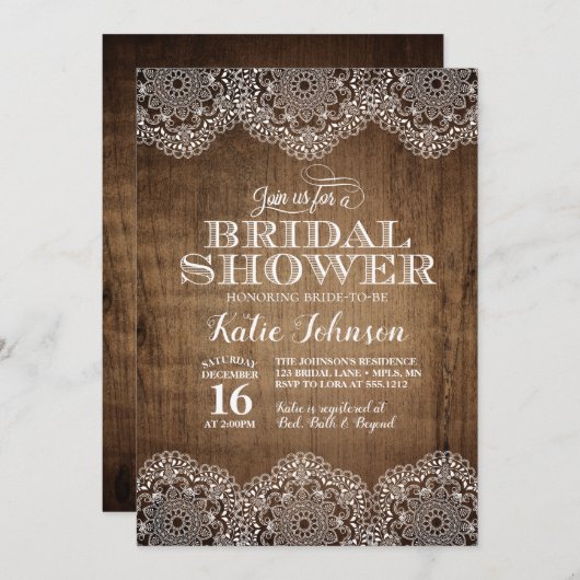 Invitation Rustique Bois et dentelle Douche nuptia (Devant / Derrière)