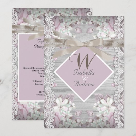 Invitation Rustique Bois Fleurs Mariage Blanc Dentelle Rose (Devant / Derrière)