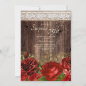 Invitation Rustique Bois Fleurs Rouge Or Burlap Surprise 75e (Devant)