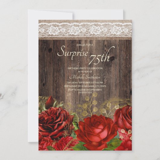 Invitation Rustique Bois Fleurs Rouge Or Burlap Surprise 75e (Devant)
