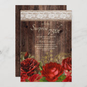Invitation Rustique Bois Fleurs Rouge Or Burlap Surprise 75e (Devant / Derrière)