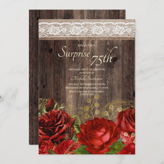 Invitation Rustique Bois Fleurs Rouge Or Burlap Surprise 75e (Devant / Derrière)