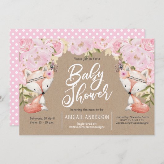 Invitation Rustique, Bois, Floral rose, bébé Douche fille (Devant / Derrière)