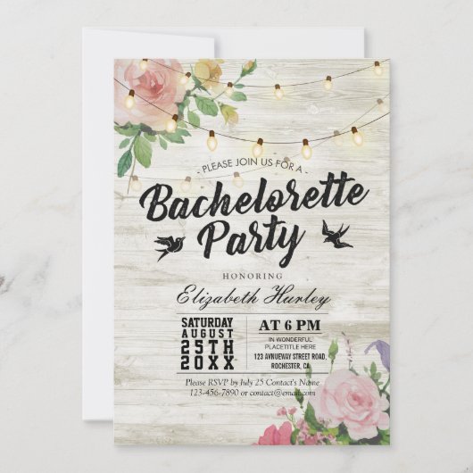 Invitation Rustique Bois Floral String Lumière Bachelorette P (Devant)