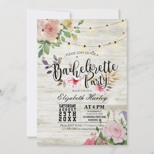 Invitation Rustique Bois Floral String Lumière Bachelorette P (Devant)
