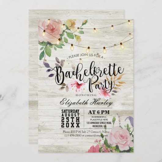 Invitation Rustique Bois Floral String Lumière Bachelorette P (Devant / Derrière)