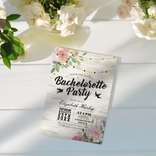 Invitation Rustique Bois Floral String Lumière Bachelorette P