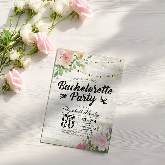 Invitation Rustique Bois Floral String Lumière Bachelorette P