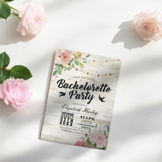 Invitation Rustique Bois Floral String Lumière Bachelorette P