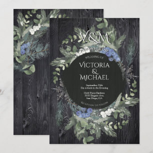 Invitation Rustique Bois foncé Floral & Pine Mariage d'hiver
