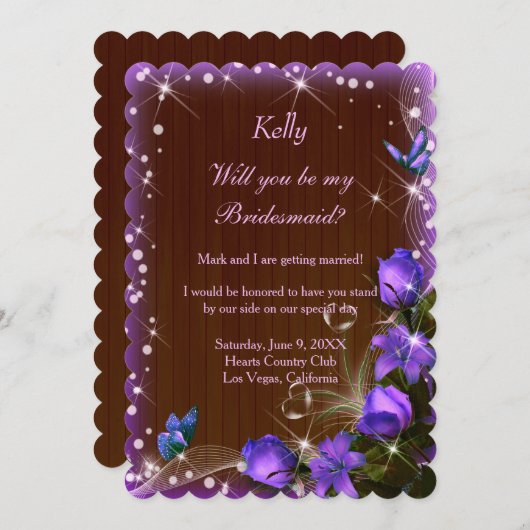 Invitation Rustique Bois foncé Violet Floral Bridesmaid (Devant / Derrière)