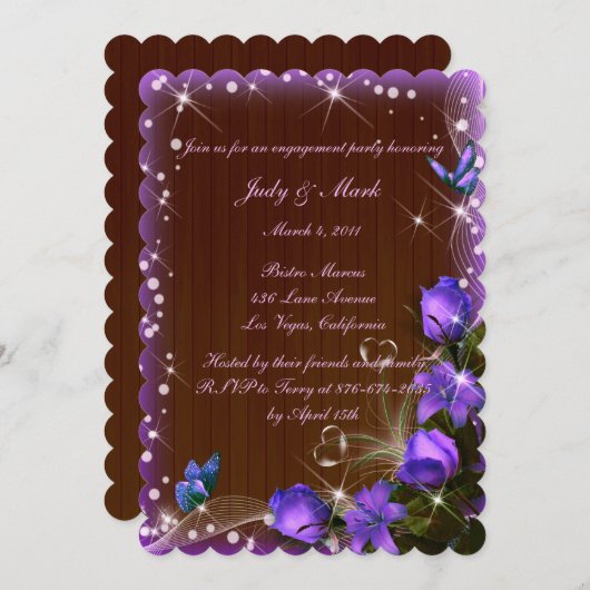 Invitation Rustique Bois foncé violet Floral Partie d'engagem (Devant / Derrière)