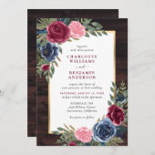 Invitation Rustique Bois Marine Bleu Bourgogne Or Floral (Devant / Derrière)