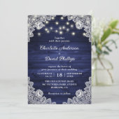 Invitation Rustique Bois Marine bleu dentelle lumière Mariage (Debout devant)