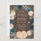 Invitation Rustique Bois Marine Blue Peach Floral Citrouille (Devant)