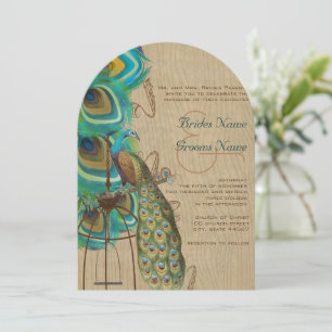 Invitation Rustique Bois Musical Peacock Bird Cage Plumes