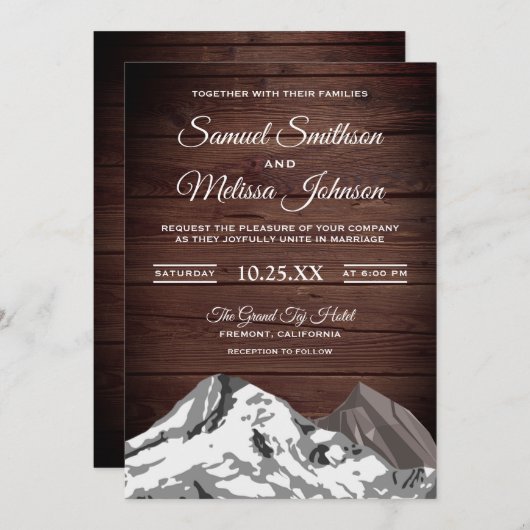 Invitation Rustique Bois Neige Enneigée Montagnes Mariage Inv (Devant / Derrière)