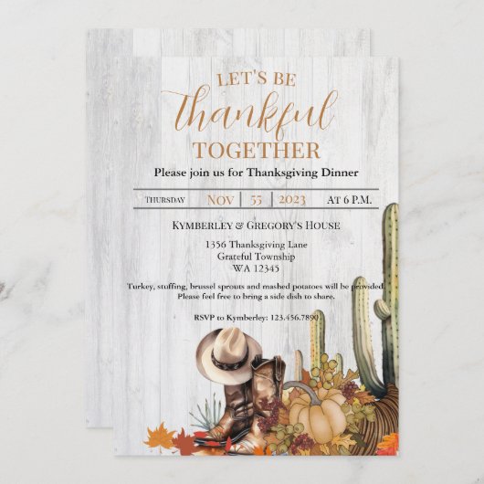 Invitation Rustique Bois Occidental Thanksgiving Dîner Inv (Devant / Derrière)