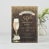 Invitation Rustique Bois Or Floral Surprise 50e anniversaire (Debout devant)
