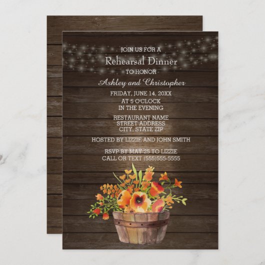 Invitation Rustique Bois Orange Fleurs Mariage (Devant / Derrière)