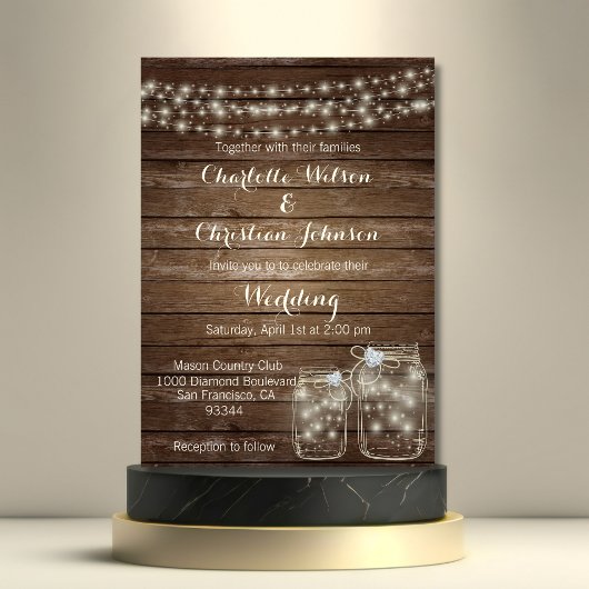 Invitation Rustique Bois Pays Mason Jar Lumières Mariage