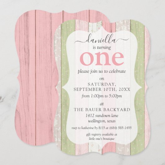 Invitation Rustique Bois rose et vert Custom Age fête d'anniv (Devant / Derrière)