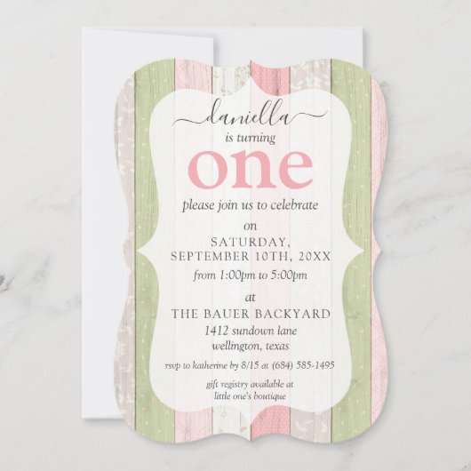 Invitation Rustique Bois rose et vert Custom Age fête d'anniv (Devant)