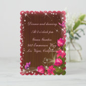 Invitation Rustique Bois Rose Floral Papillon Mariage Récepti (Debout devant)
