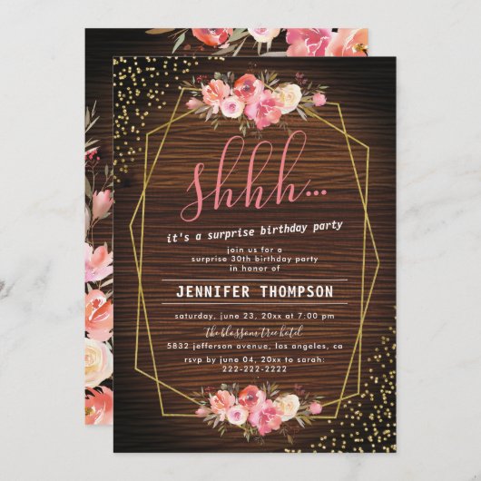 Invitation Rustique Bois rose Floral Surprise fête d'annivers (Devant / Derrière)