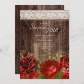 Invitation Rustique Bois Rouge Or Fleurs Toile de Jute Surpri (Devant / Derrière)