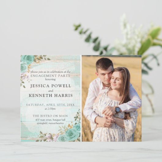 Invitation Rustique Bois Turquoise Roses (Debout devant)