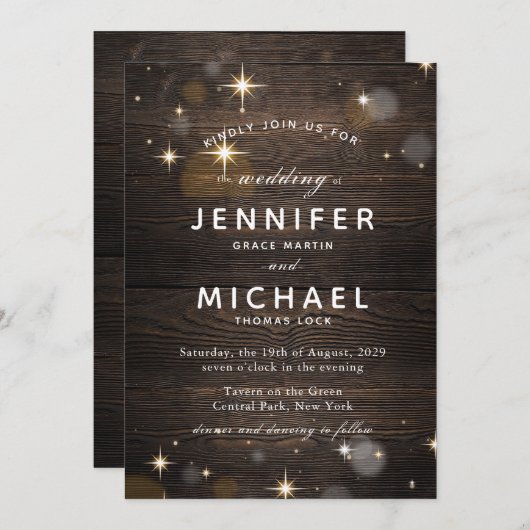 Invitation Rustique Bois Twinkle & Mariage du soir léger (Devant / Derrière)