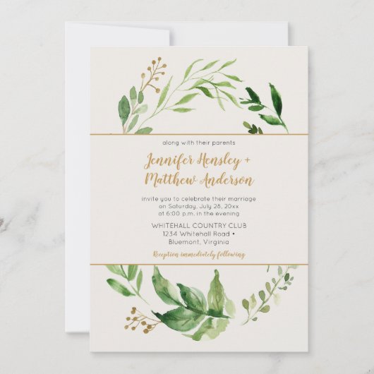 Invitation Rustique Botanique Verdure Wreath Gold Buds Mariag (Devant)