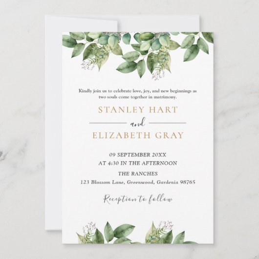 Invitation Rustique Botanique Vert & Or Mariage Foliage (Devant)