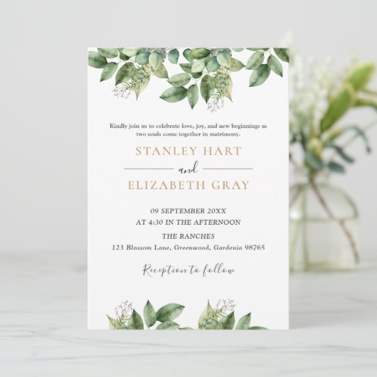 Invitation Rustique Botanique Vert & Or Mariage Foliage (Debout devant)
