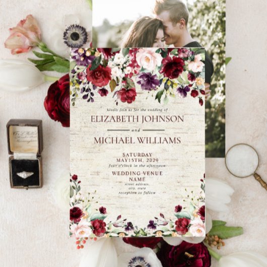 Invitation Rustique Bourgogne aquarelle Floral Birch Photo