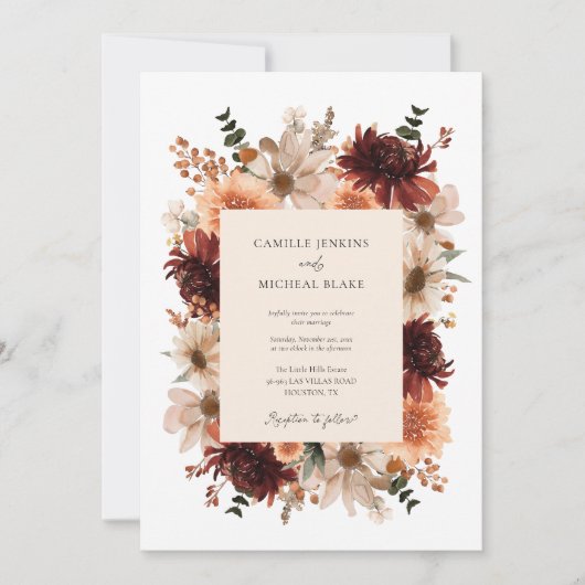 Invitation Rustique Bourgogne Automne Mariage Floral (Devant)