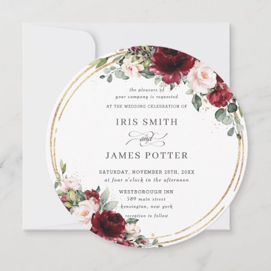 Invitation Rustique Bourgogne Blush Floral Gold Mariage (Devant)