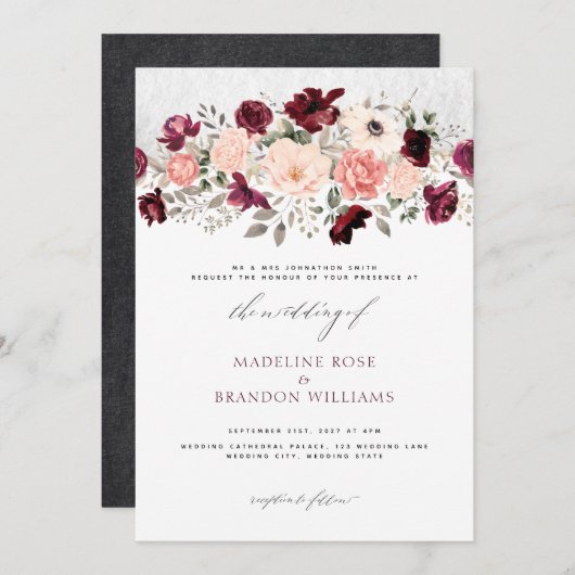 Invitation Rustique Bourgogne Blush Floral Mariage (Devant / Derrière)