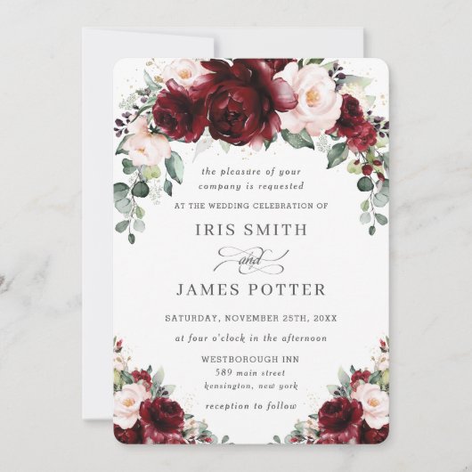 Invitation Rustique Bourgogne Blush Floral Rose Arch Mariage (Devant)