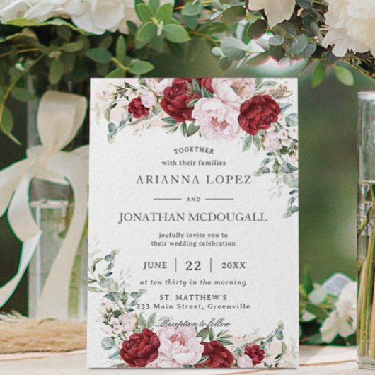 Invitation Rustique Bourgogne Blush Peonies Rose Floral Maria