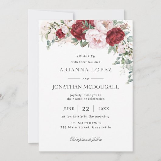 Invitation Rustique Bourgogne Blush Peonies rose Mariage Flor (Devant)