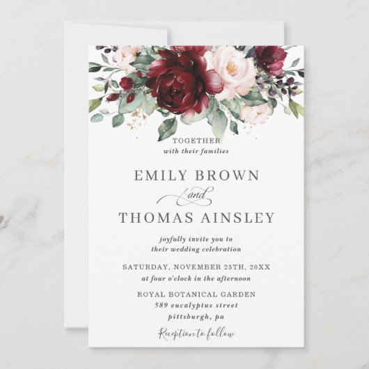 Invitation Rustique Bourgogne Blush rose Floral Mariage (Devant)