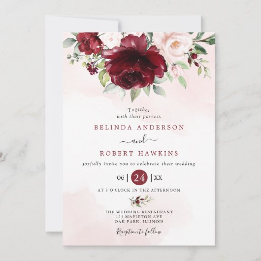 Invitation Rustique Bourgogne Blush rose Floral Mariage (Devant)